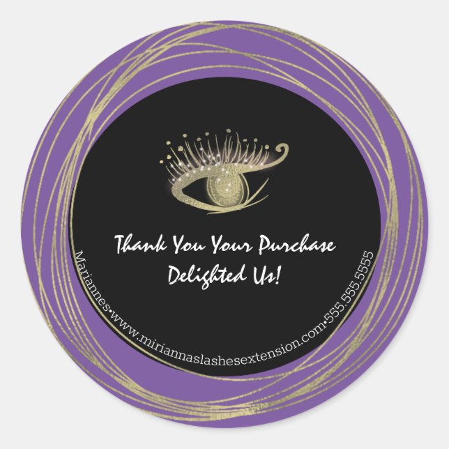 Sticker Rond Gold Foil Purple Lash Beauté Salon d'affaires (Devant)
