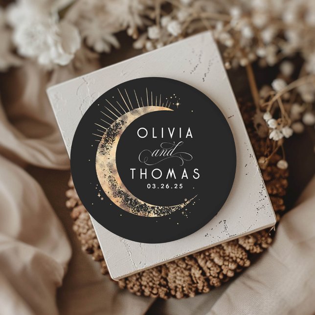 Sticker Rond Gold Foil Stars Mystical Celestin Mariage (Moon Sun Black Celestial Stickers)