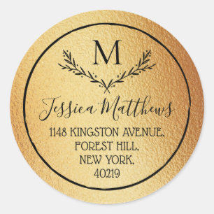 Sticker Rond Gold Foil & Wreath Custom Monogram Adresse de reto