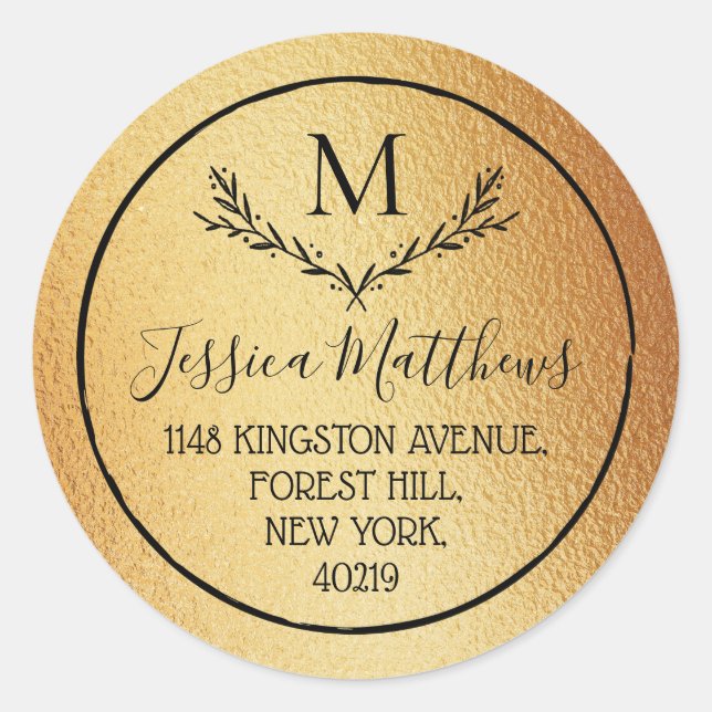 Sticker Rond Gold Foil & Wreath Custom Monogram Adresse de reto (Devant)