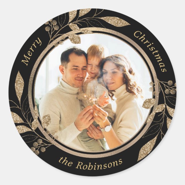 Sticker Rond Gold Foliage Famille Photo Noir Noël