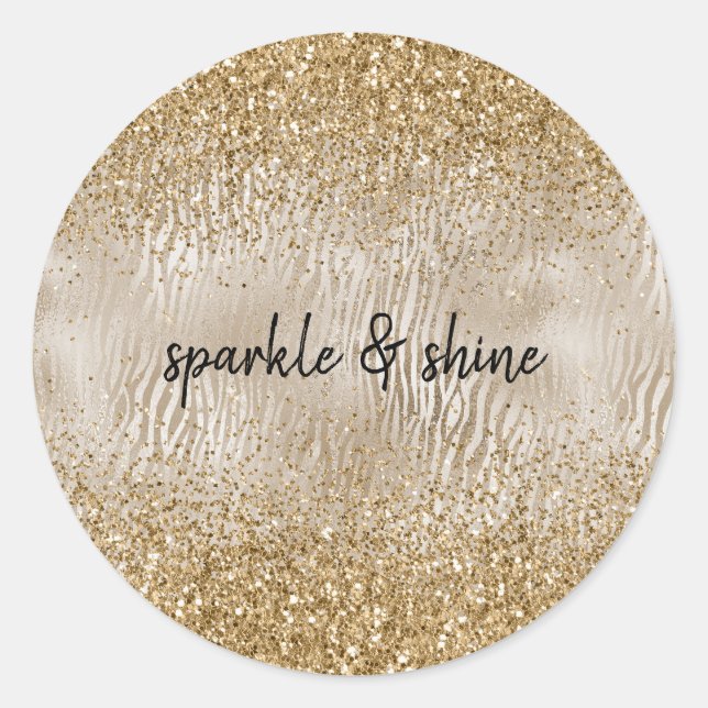 Sticker Rond Gold Glam Glitzy Zebra Print Faux Parties scintill (Devant)