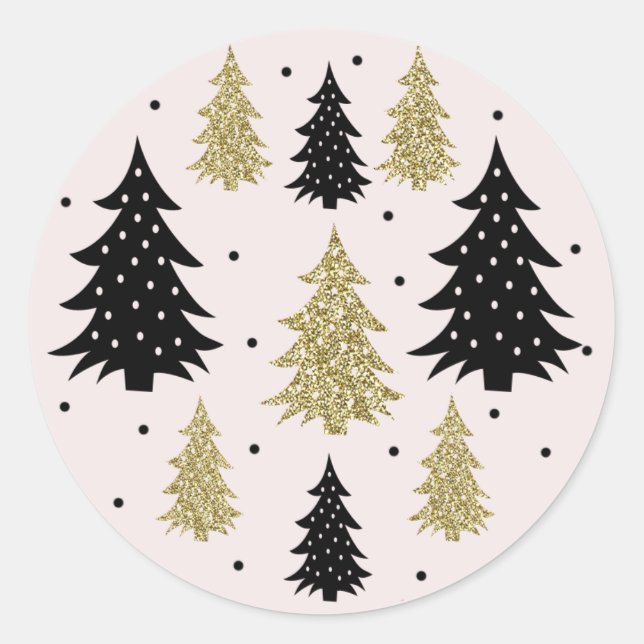 Sticker Rond Gold Glitter Arbres de Noël Blush Thème de vacance (Devant)