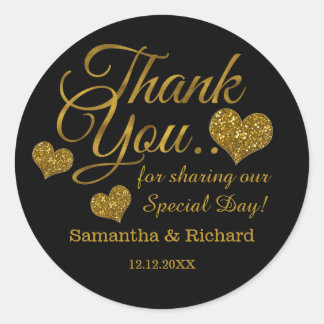 Sticker Rond Gold Glitter Heart Thank You Wedding Favor Black