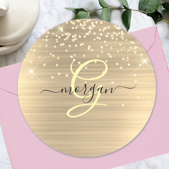Sticker Rond Gold Glitter & Monogram, Black Script Name (Créateur téléchargé)
