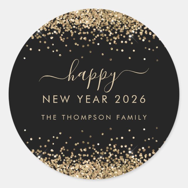 Sticker Rond Gold Glitter Name Black Happy New Year 2026 (Devant)