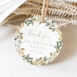 Sticker Rond Gold Green Automne Merci Mariage Faveur<br><div class="desc">Cet automne verdoyant or merci mariage faveur classique collant rond est parfait pour un mariage moderne. Le design présente un charmant feuillage artistique vert et or. Faites de l'autocollant votre propre étiquette en incluant vos noms, l'événement (s'il y a lieu) et la date. Ces autocollants peuvent compléter une réception de...</div>