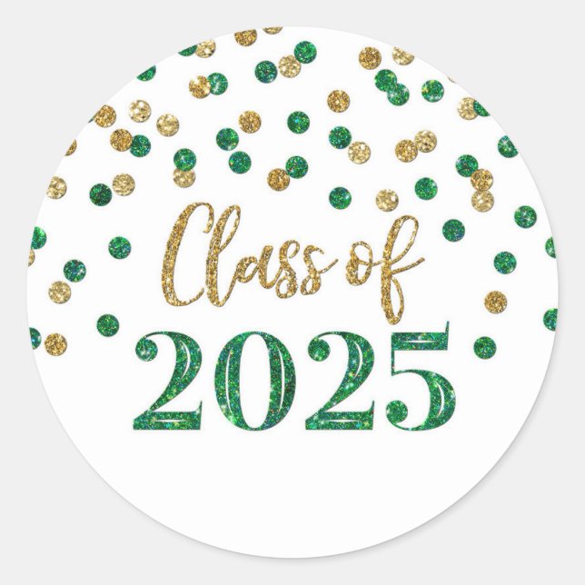Sticker Rond Gold Green Confetti Graduation 2025 (Devant)