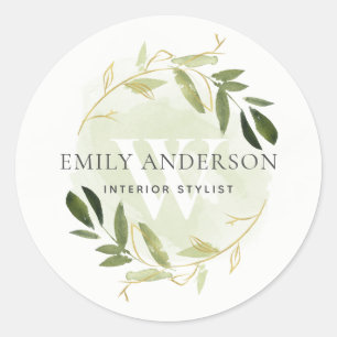 STICKER ROND GOLD GREEN FOLIAGE WATERCOLOR WREATT PROFESSIONNEL