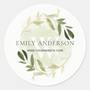 STICKER ROND GOLD GREEN FOLIAGE WREATH PROFESSIONAL WEBSITE
