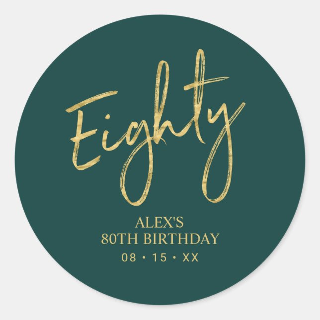 Sticker Rond Gold & Green Lettering 80th Birthday Favor (Devant)