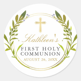Sticker Rond Gold Green Wreath Première Communion sainte
