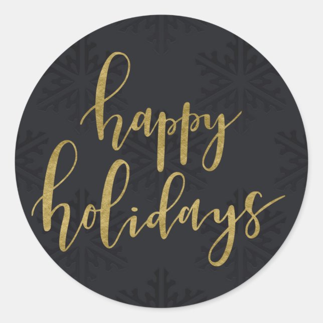 Sticker Rond Gold HAPPY HOLIDAYS Winter Black Snowflakes (Devant)
