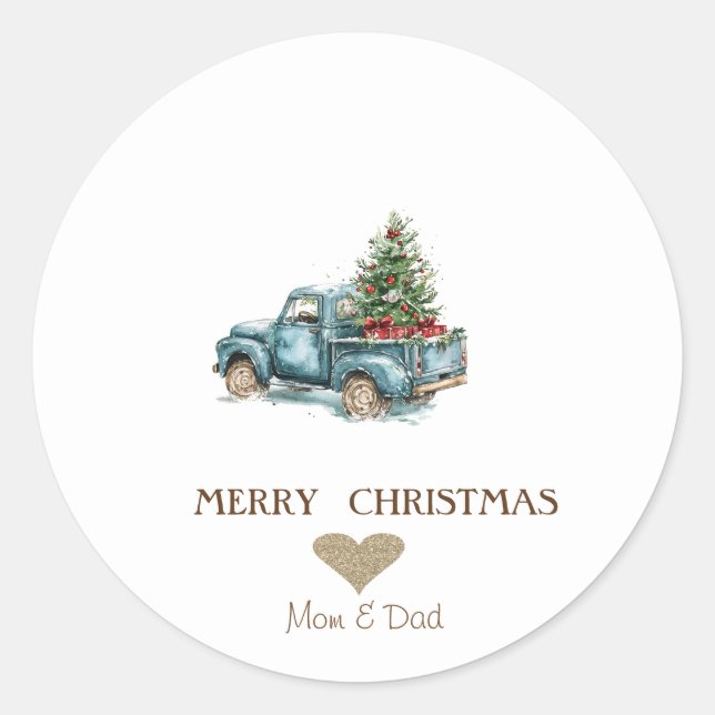 Sticker Rond Gold Heart, Blue Truck Pine Trees Noël Classique (Devant)