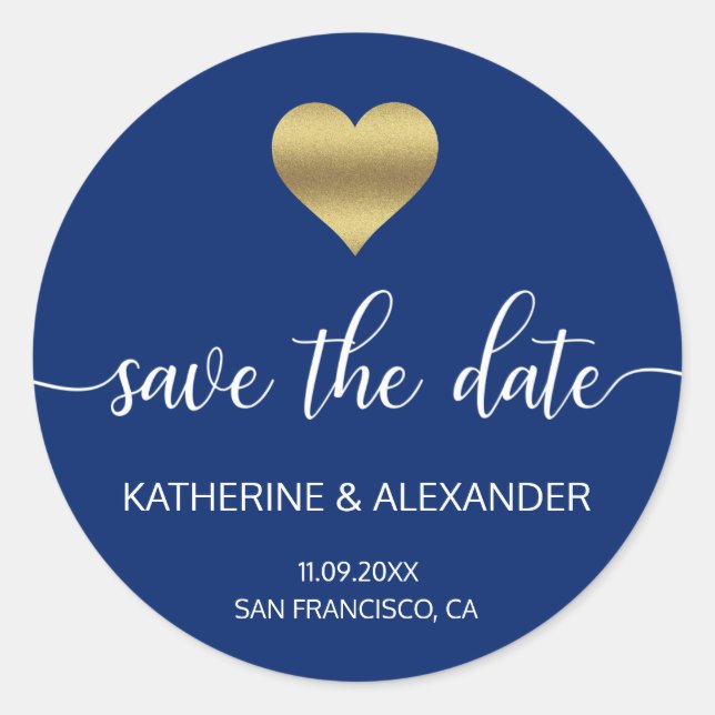 Sticker Rond Gold Heart Marine Blue Wedding SAVE LA DATE (Devant)