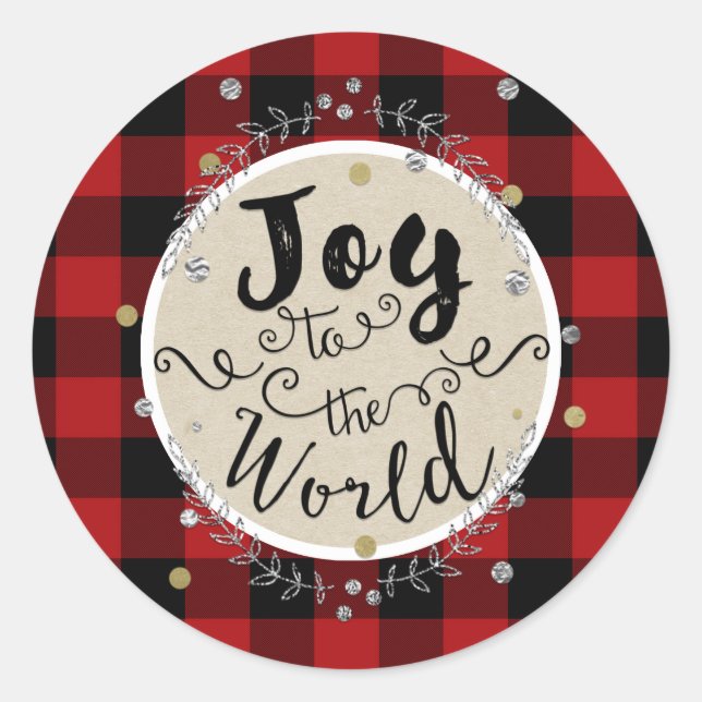 Sticker Rond Gold Joie Wreath Holiday Red Buffalo Plaid (Devant)