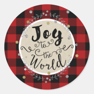 Sticker Rond Gold Joie Wreath Holiday Red Buffalo Plaid