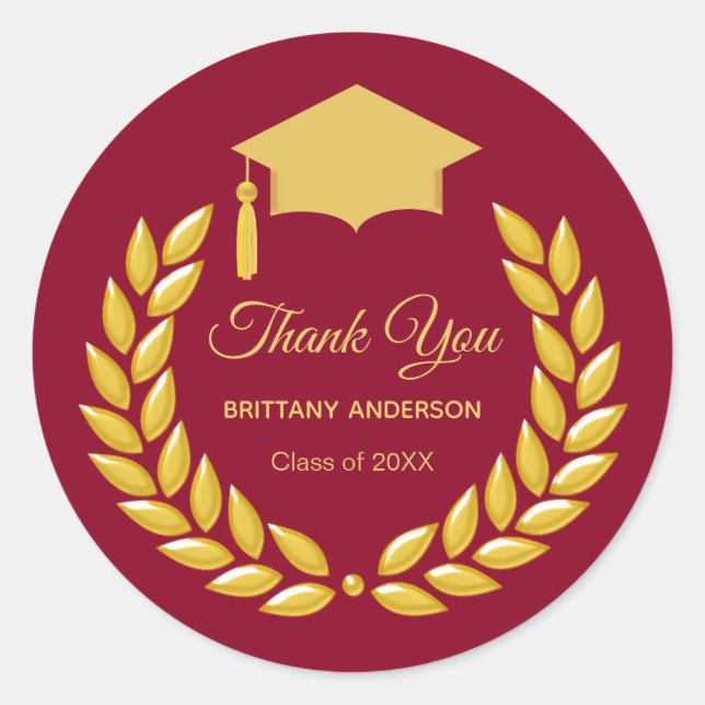 Sticker Rond Gold Laurel Wreath sur Maroon Merci Graduation (Devant)