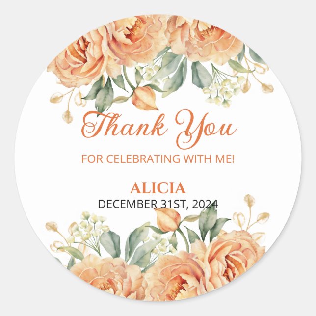 Sticker Rond Gold Leaf Orange Peony Rustic Floral Anniversaire (Devant)