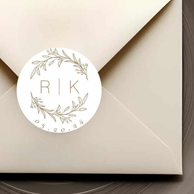 Sticker Rond Gold Line Art Botanique Wreath Mariage Monogramme (Créateur téléchargé)