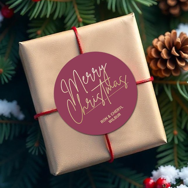 Sticker Rond Gold Merry Christmas Cranberry (Merry Christmas in gold script on cranberry red 3" round stickers)