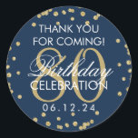 Sticker Rond Gold Navy Blue 80th Birthday Merci Parties scintil<br><div class="desc">Elégant 80e anniversaire "Merci" Gold Faux Parties scintillant Confetti Marine Bleu faveur tag modèle.</div>