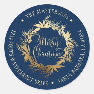 Sticker Rond Gold Navy Blue Christmas Werath Adresse de retour