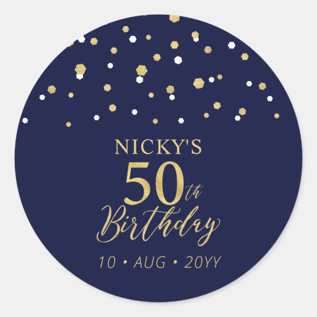 Sticker Rond Gold Navy Blue Confetti 50e fête d'anniversaire Fa (Devant)