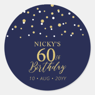 Sticker Rond Gold Navy Blue Confetti 60e fête d'anniversaire Fa