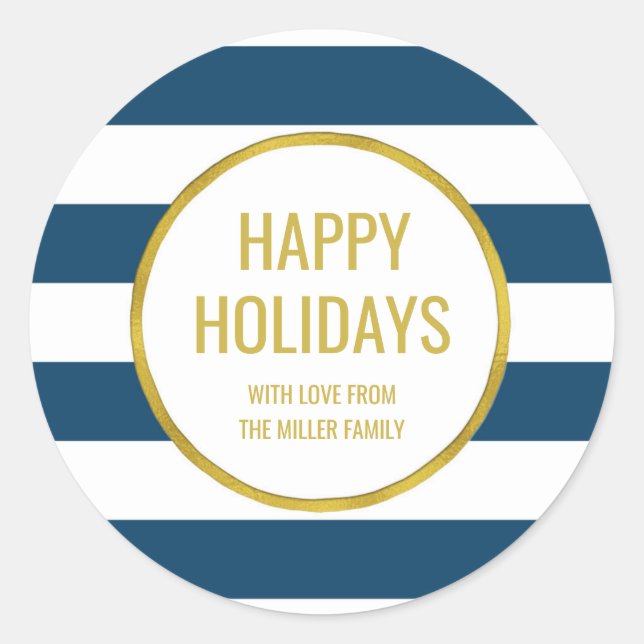 Sticker Rond Gold Navy Blue Stripes Happy Holidays Custom (Devant)