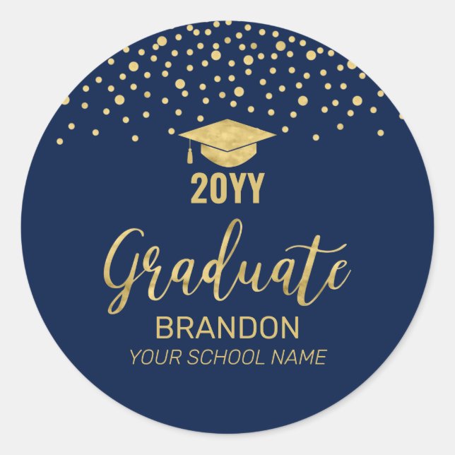 Sticker Rond Gold Navy Confetti Graduation Party Favoriser (Devant)