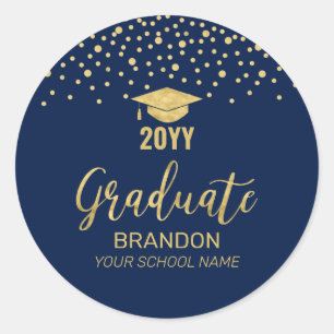 Sticker Rond Gold Navy Confetti Graduation Party Favoriser