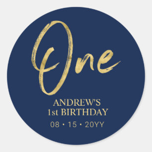Sticker Rond Gold & Navy Lettering One First Birthday Favoriser