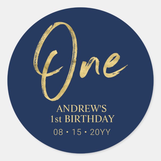 Sticker Rond Gold & Navy Lettering One First Birthday Favoriser (Devant)