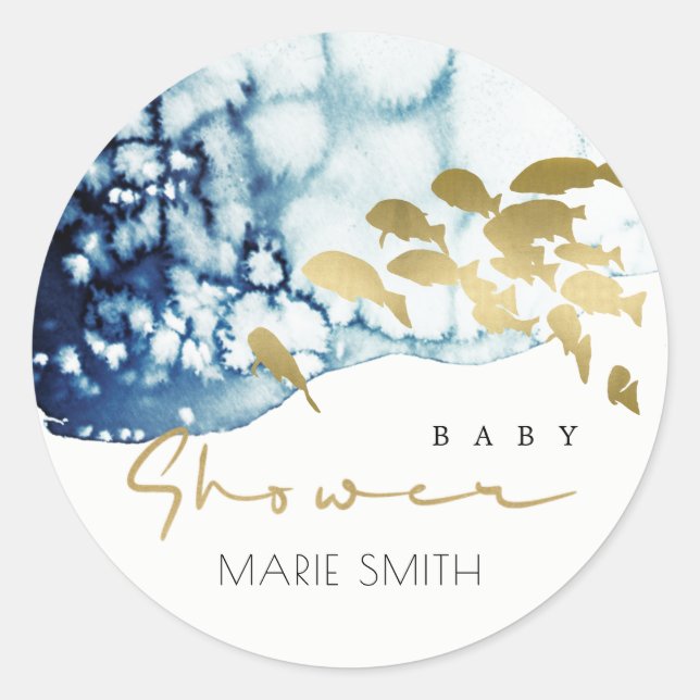 STICKER ROND GOLD NAVY SOUS L'EAU POISSON DE MER BABY SHOWER CL (Devant)