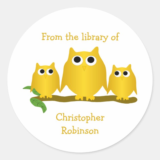 Sticker Rond Gold Owls Design Bookplate (Devant)