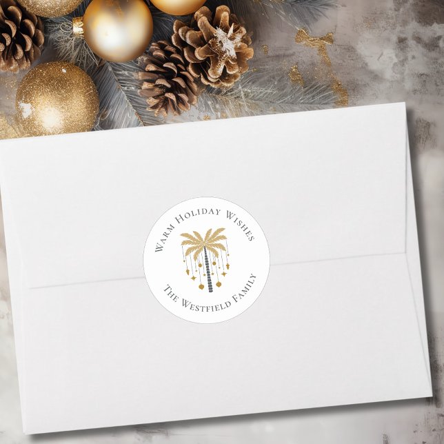 Sticker Rond Gold Palm Tree Chaleureux Vacances (Gold Palm Tree Warm Holiday Wishes Classic Round Sticker)