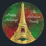 Sticker Rond Gold Paris Skyline #2 Christmas Starry<br><div class="desc">Golden Paris France Skyline #2, Festive Christmas Red and Green Starry Sky Personnalisable Invitations et accessoires avec un thème parisien mettant en vedette une tour Eiffel aux couleurs dorées stylisées contre un ciel festif étoile rouge et verte de Noël Ce produit fait partie d'une suite de designs assortis et coordonnés...</div>