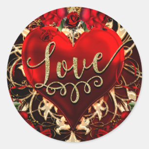 Sticker Rond Gold Parties scintillant Amour Coeur & Red Roses P