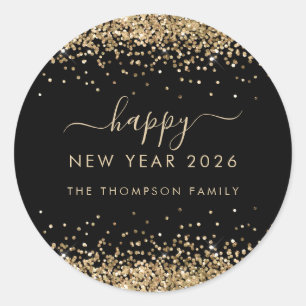 Sticker Rond Gold Parties scintillant Nom Black Happy New Year