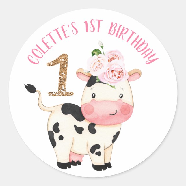 Sticker Rond Gold Parties scintillant One Cow Moos Premier anni (Devant)