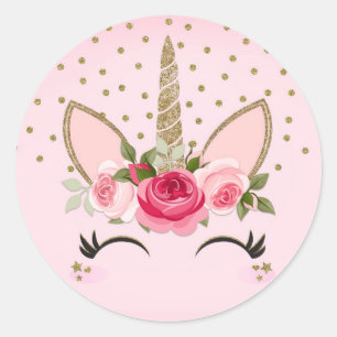 Sticker Rond Gold Parties scintillant & Rose Floral Unicorn fêt
