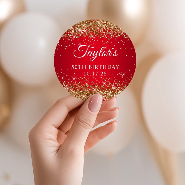 Sticker Rond Gold Parties scintillant Rouge 50e anniversaire (Gold Glitter Red 50th Birthday Classic Round Sticker)