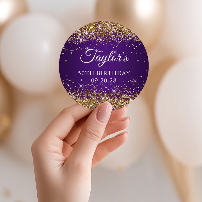 Sticker Rond Gold Parties scintillant Royal Purple 50e annivers (Gold Glitter Royal Purple 50th Birthday Classic Round Sticker)
