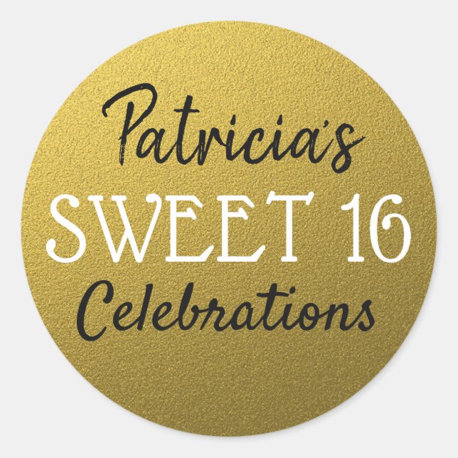 Sticker Rond Gold Parties scintillant Sweet 16 Anniversaire (Devant)