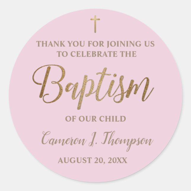 Sticker Rond Gold Pink Custom Baby Girl baptism merci (Devant)