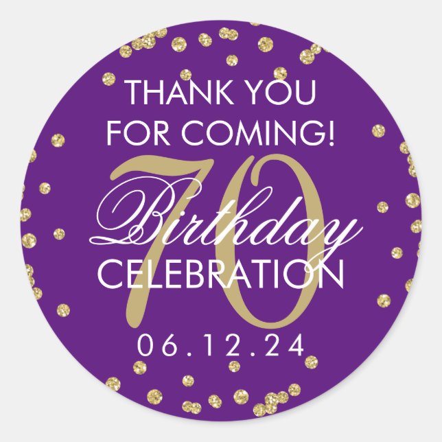 Sticker Rond Gold Purple 70e anniversaire Merci Parties scintil (Devant)