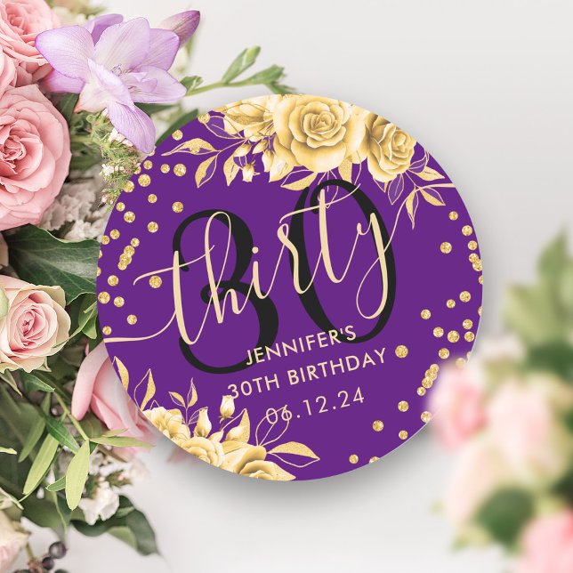 Sticker Rond Gold Purple Floral Parties scintillant 30e Anniver (Gold Purple Floral Glitter 30th Birthday Script Classic Round Sticker)