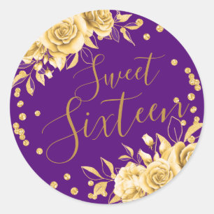 Sticker Rond Gold Purple Sweet 16 Anniversaire Parties scintill