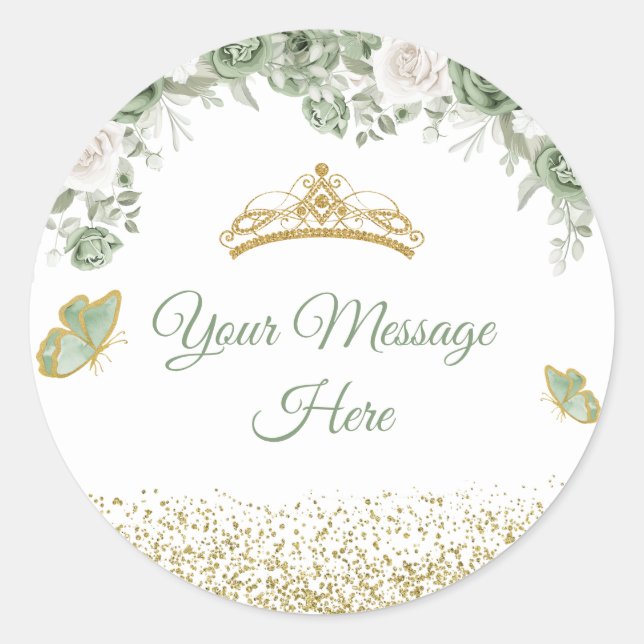 Sticker Rond Gold Quinceañera Sage Green Crown Votre message (Devant)